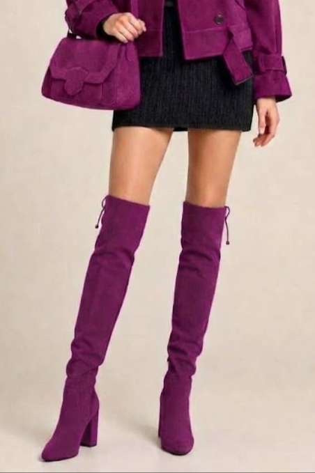 Women's plum purple custom-made thigh-high boots with round toe and high block heel - Worn view